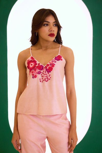 Peach Chanderi Embroidered Spaghetti Top