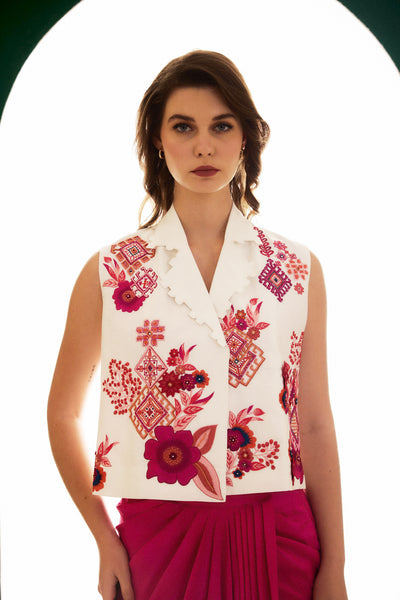 White Embroidered Linen Auspicious Waistcoat