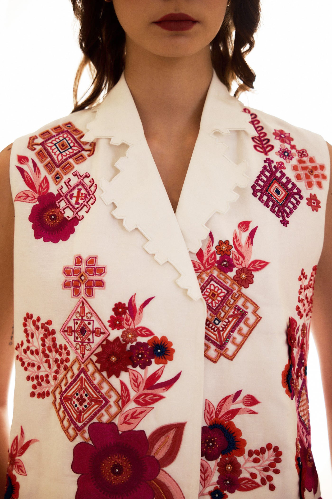 White Embroidered Linen Auspicious Waistcoat