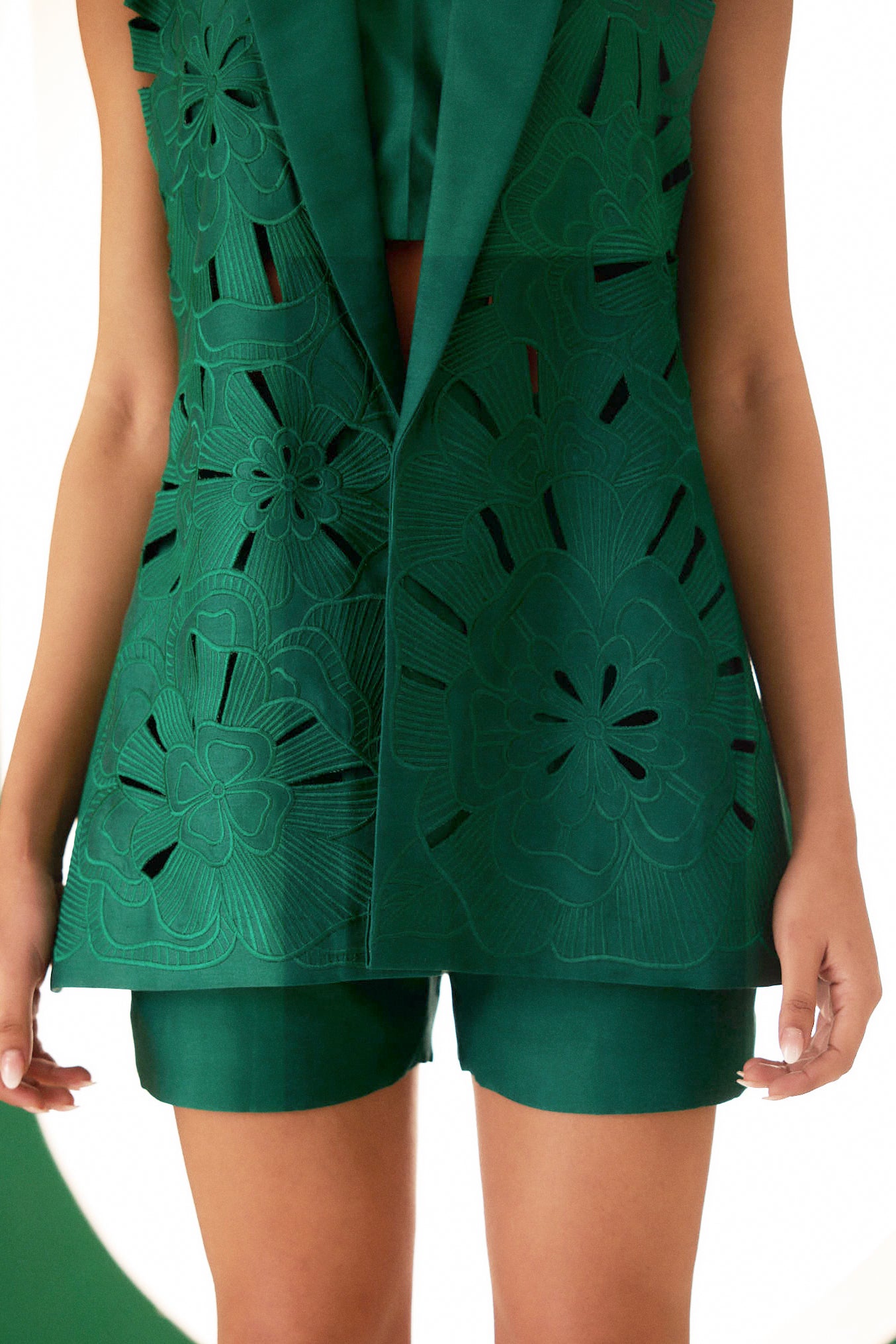 Emerald Green Embroidered Cutwork Bloom Jacket