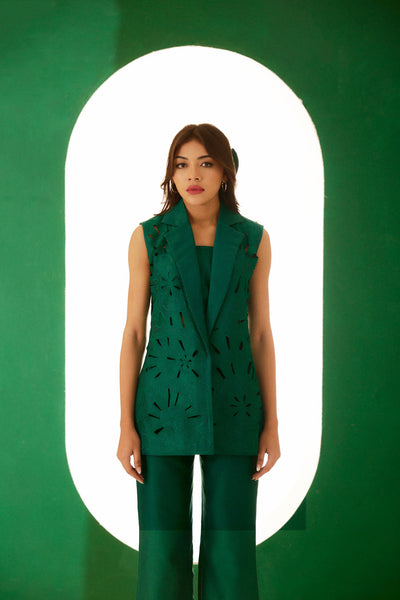 Emerald Green Embroidered Cutwork Bloom Jacket