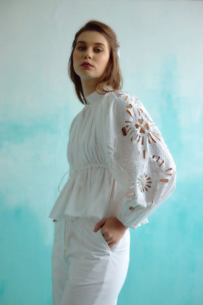 White Gathered Embroidered Bloom Cutwork Blouse