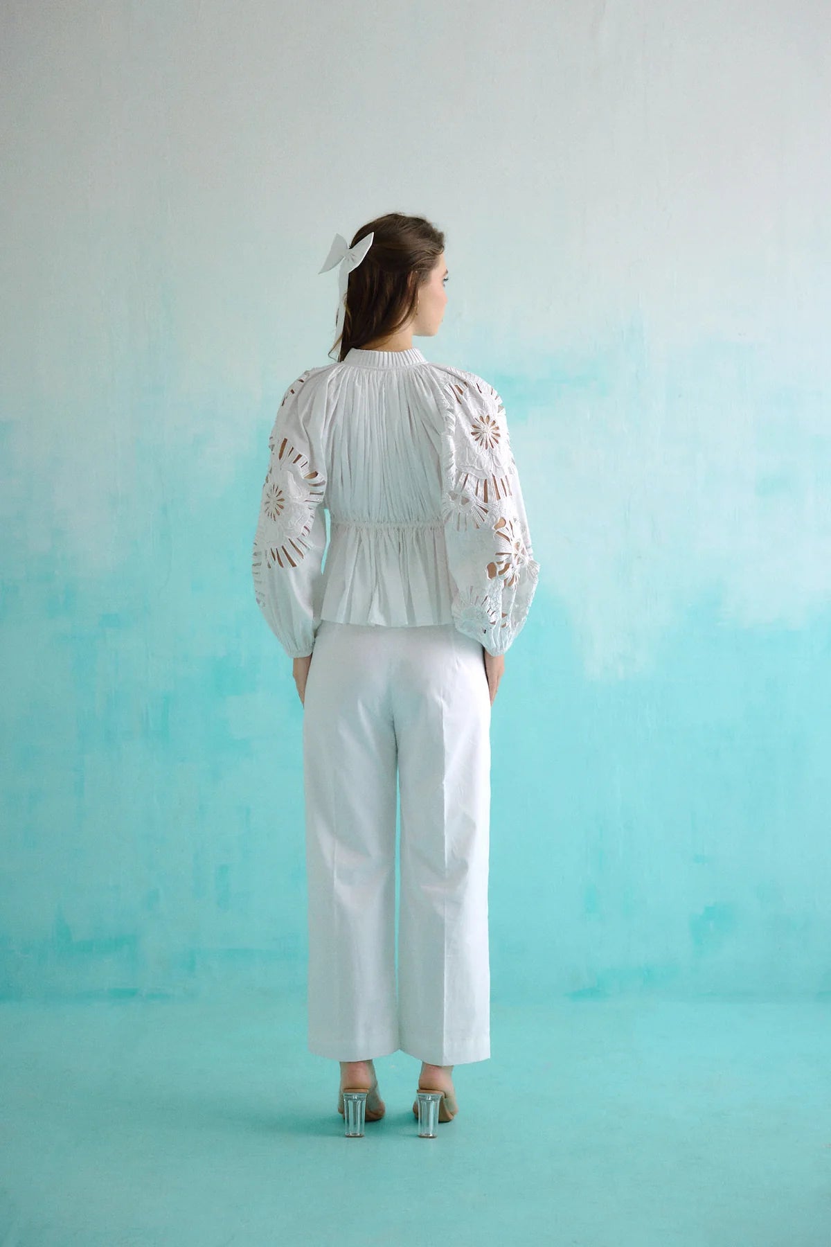 White Gathered Embroidered Bloom Cutwork Blouse
