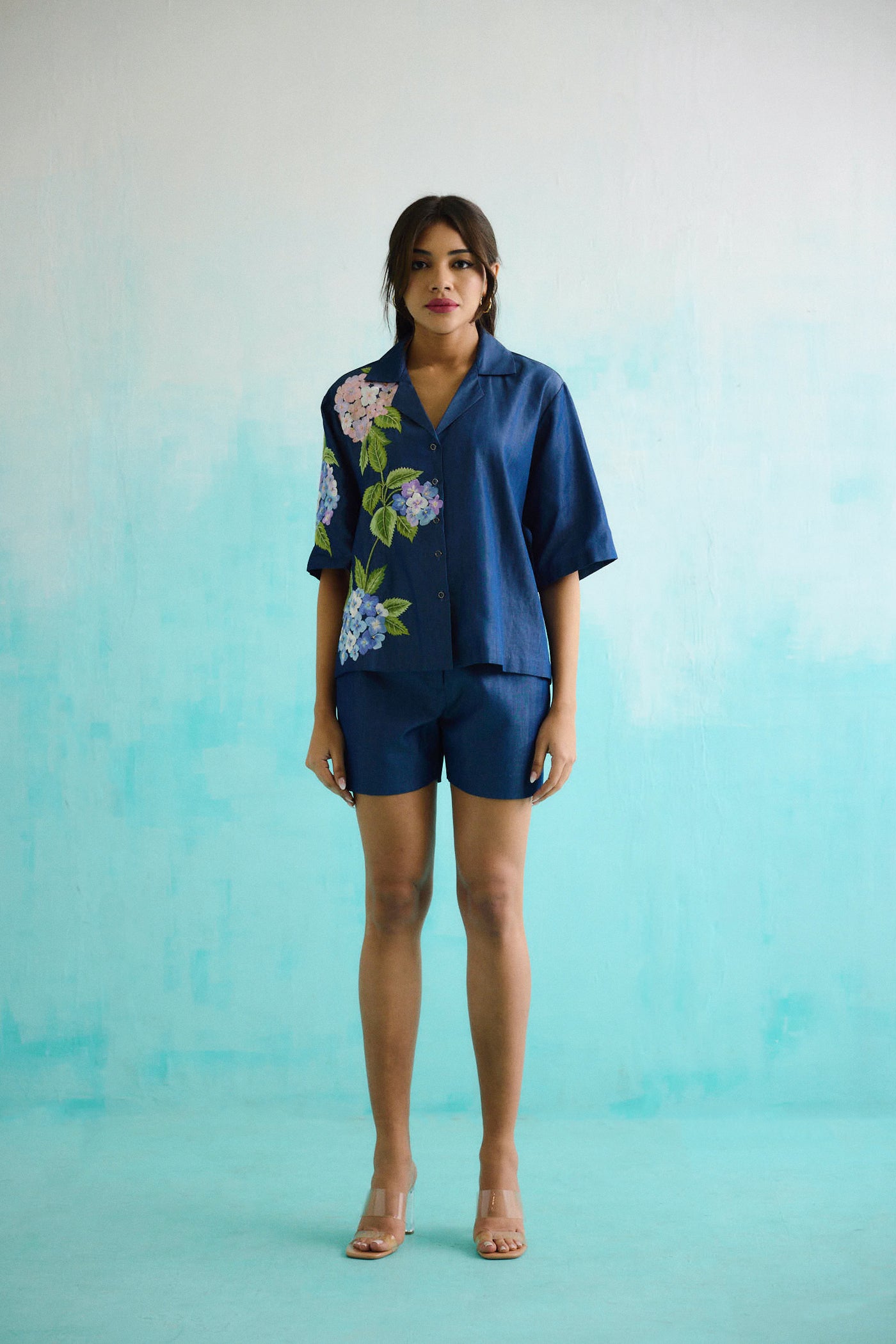 Denim Hydrangea Half Sleeve Embroidered Shirt