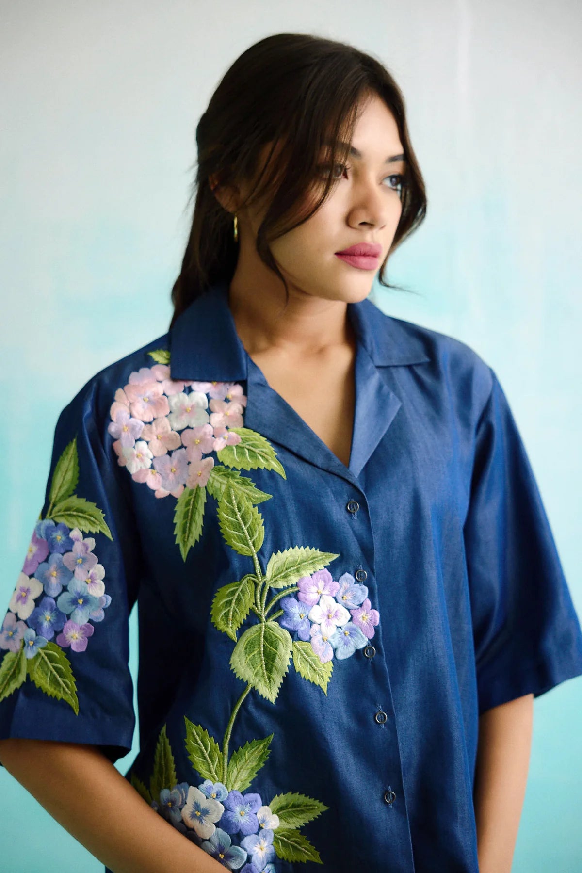 Denim Hydrangea Embroidered Shirt