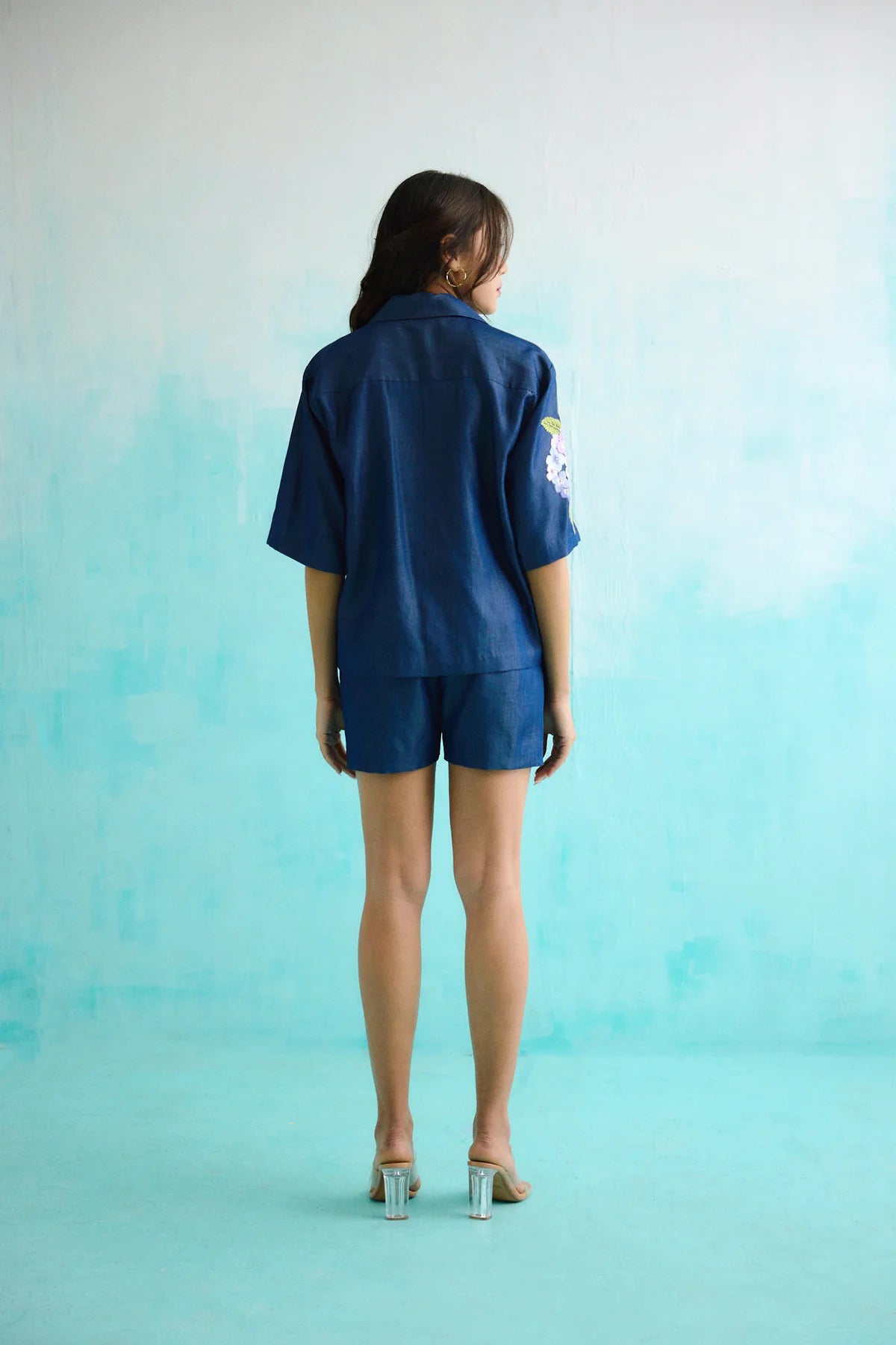 Denim Hydrangea Embroidered Shirt