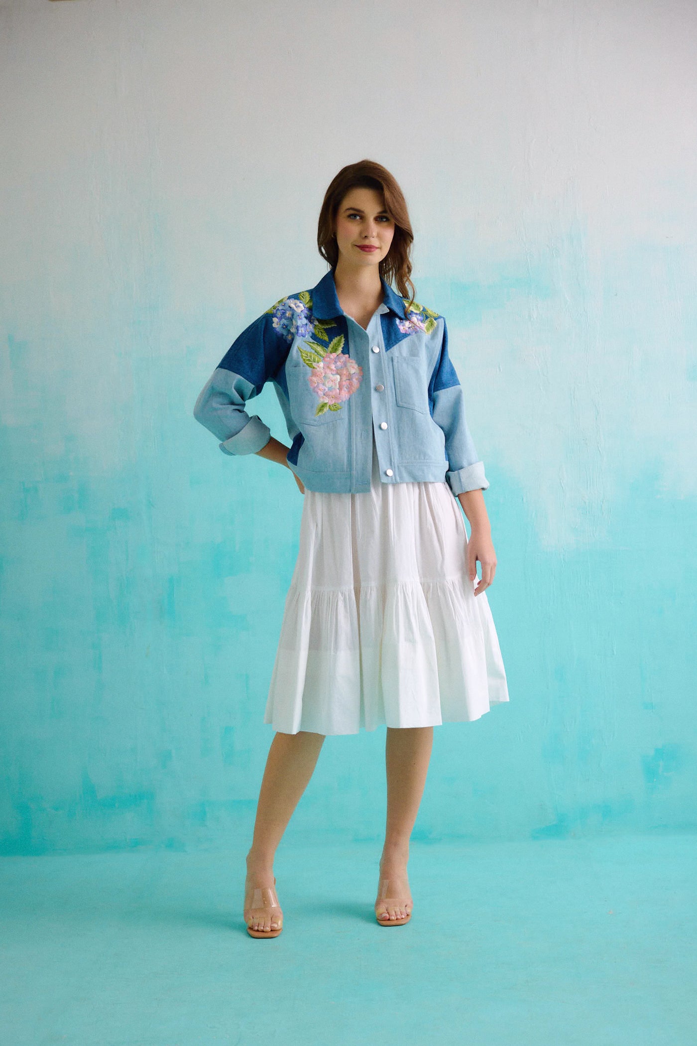 Denim Hydrangea Floral Embroidered Jacket