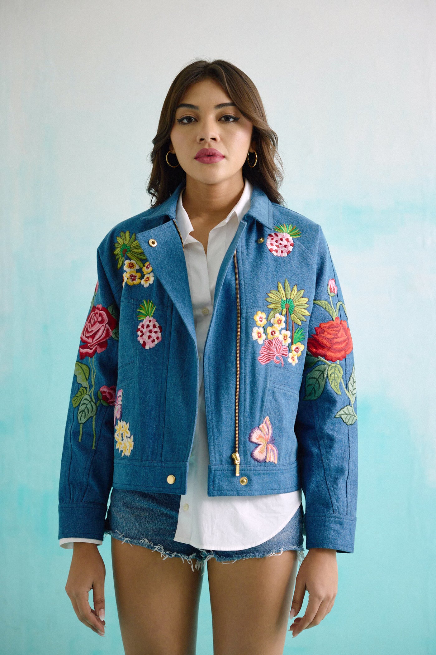 Denim Embroidered Floral Biker Jacket