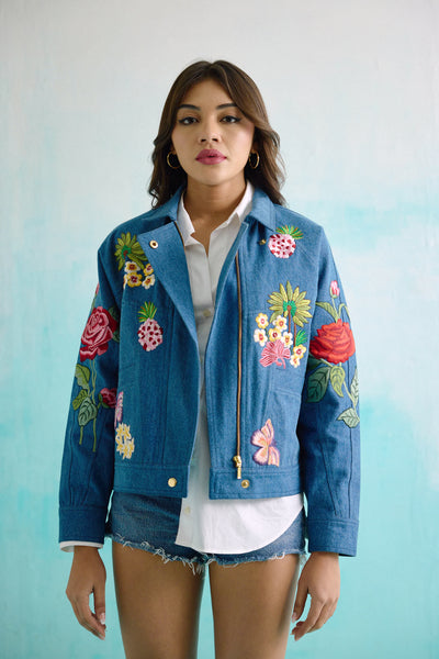 Denim Embroidered Floral Biker Jacket