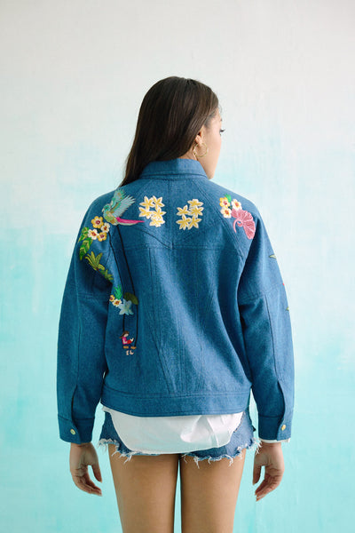 Denim Embroidered Floral Biker Jacket