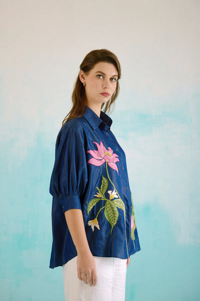 Denim Lotus Oversized Embroidered Shirt