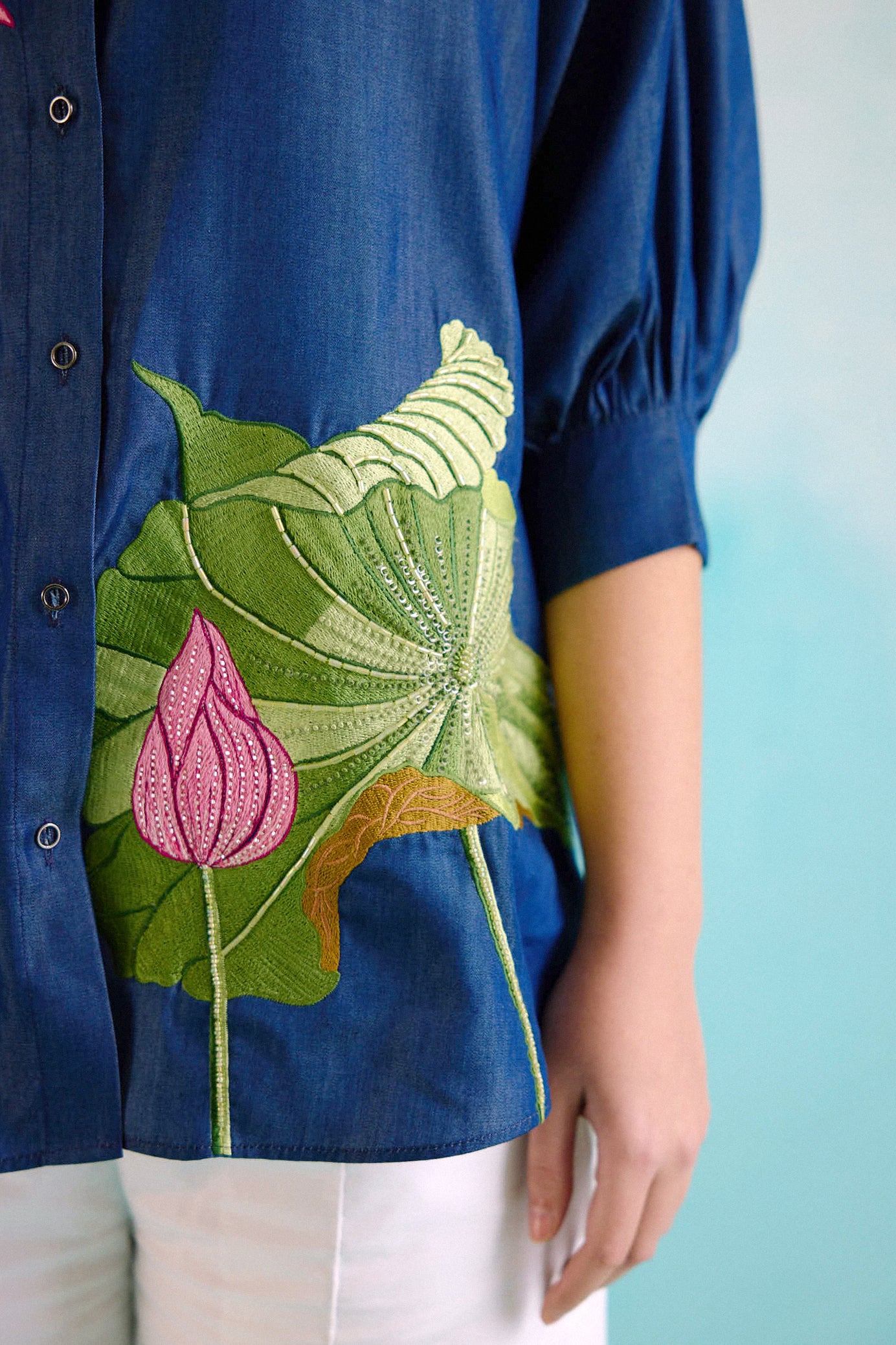 Denim Lotus Oversized Embroidered Shirt