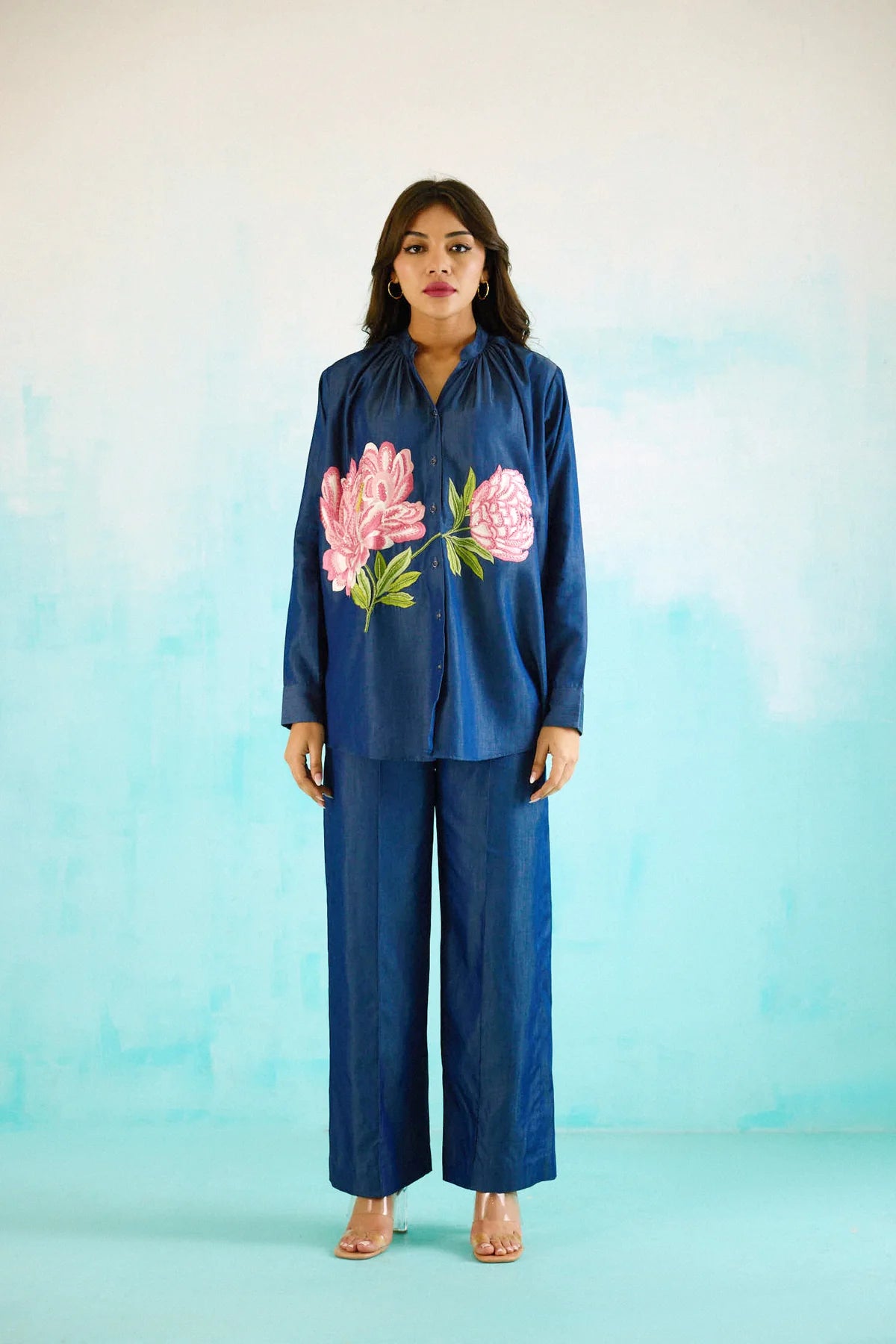 Denim Peony Gathered Embroidered Shirt