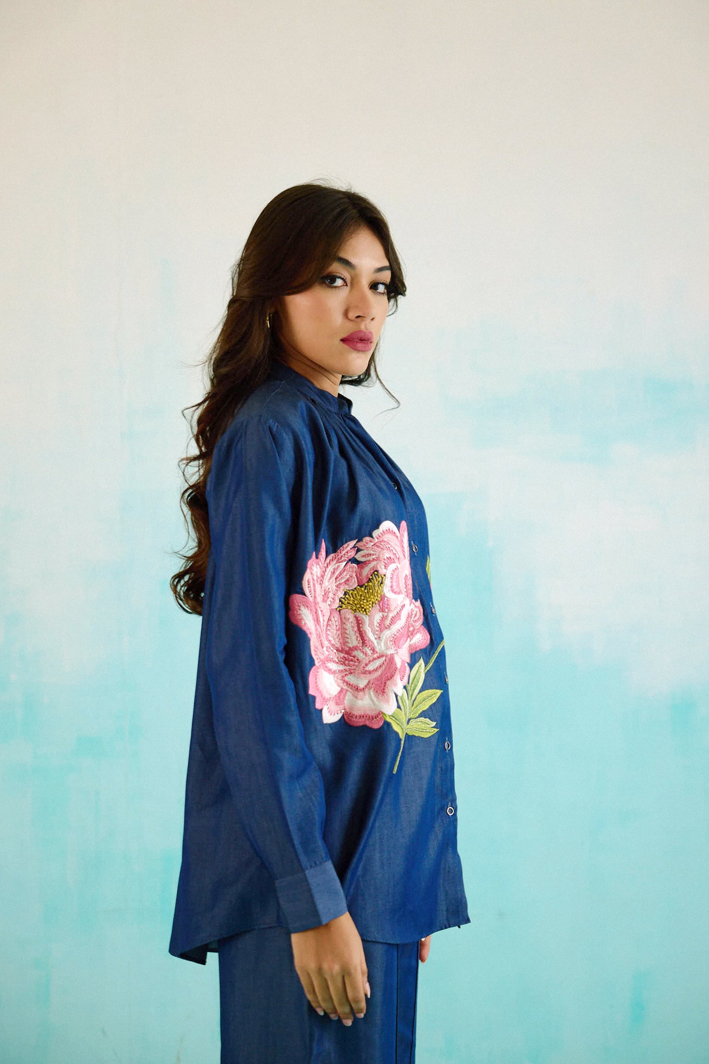 Denim Peony  Gathered Embroidered Shirt