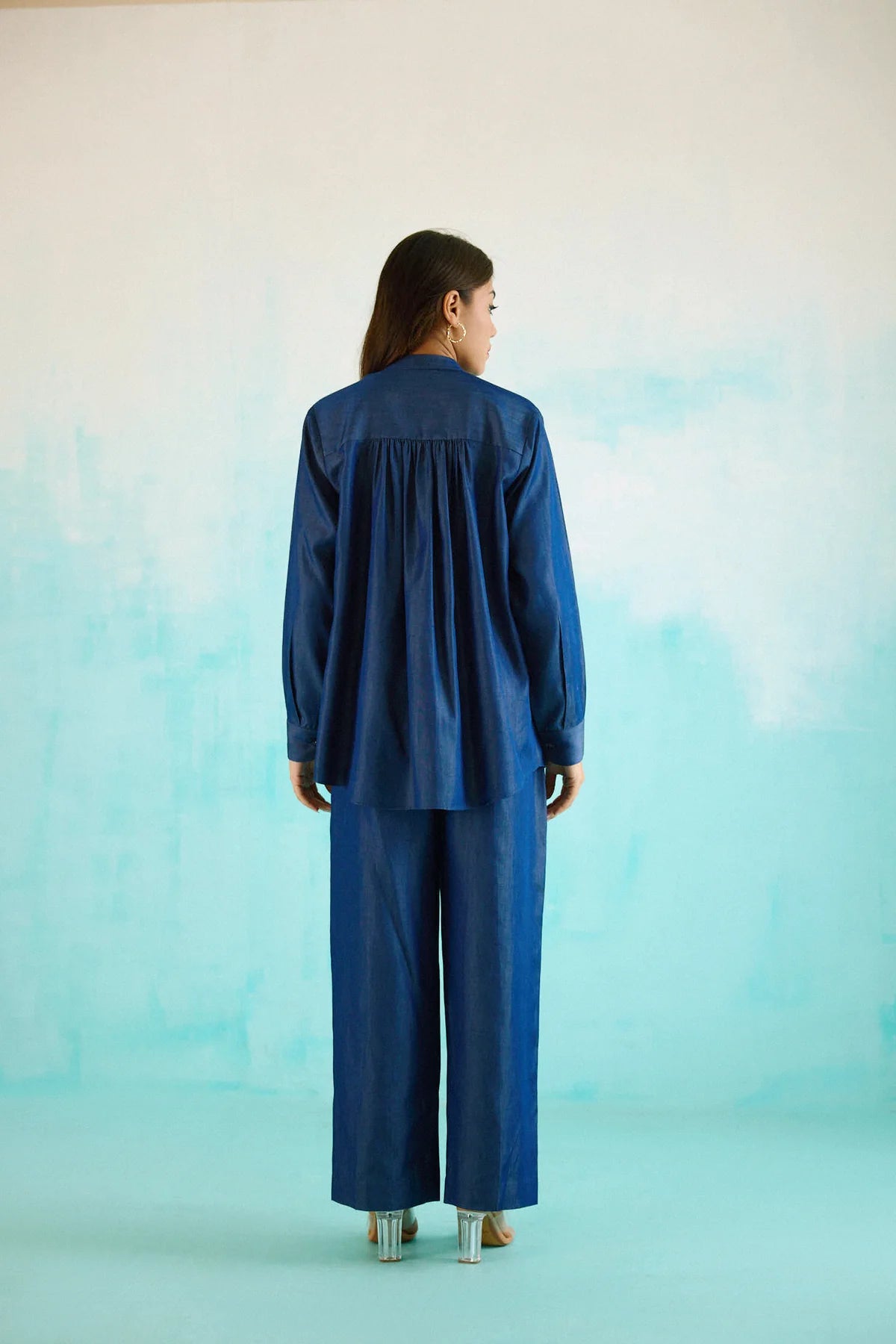 Denim Peony Gathered Embroidered Shirt