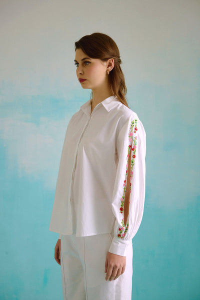 White Hand Embroidered Red Sequins Upbeat Shirt