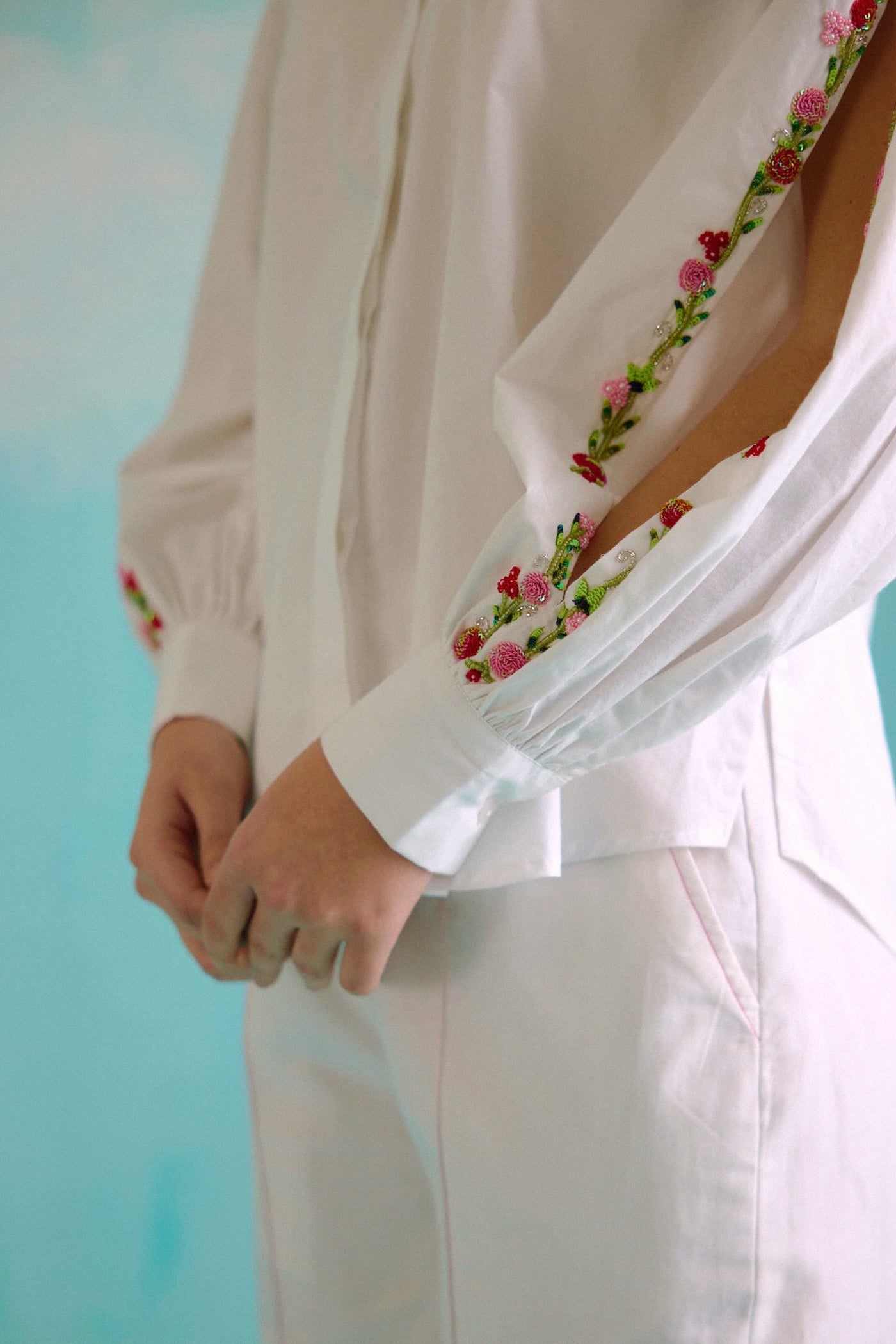 White Hand Embroidered Red Sequins Upbeat Shirt