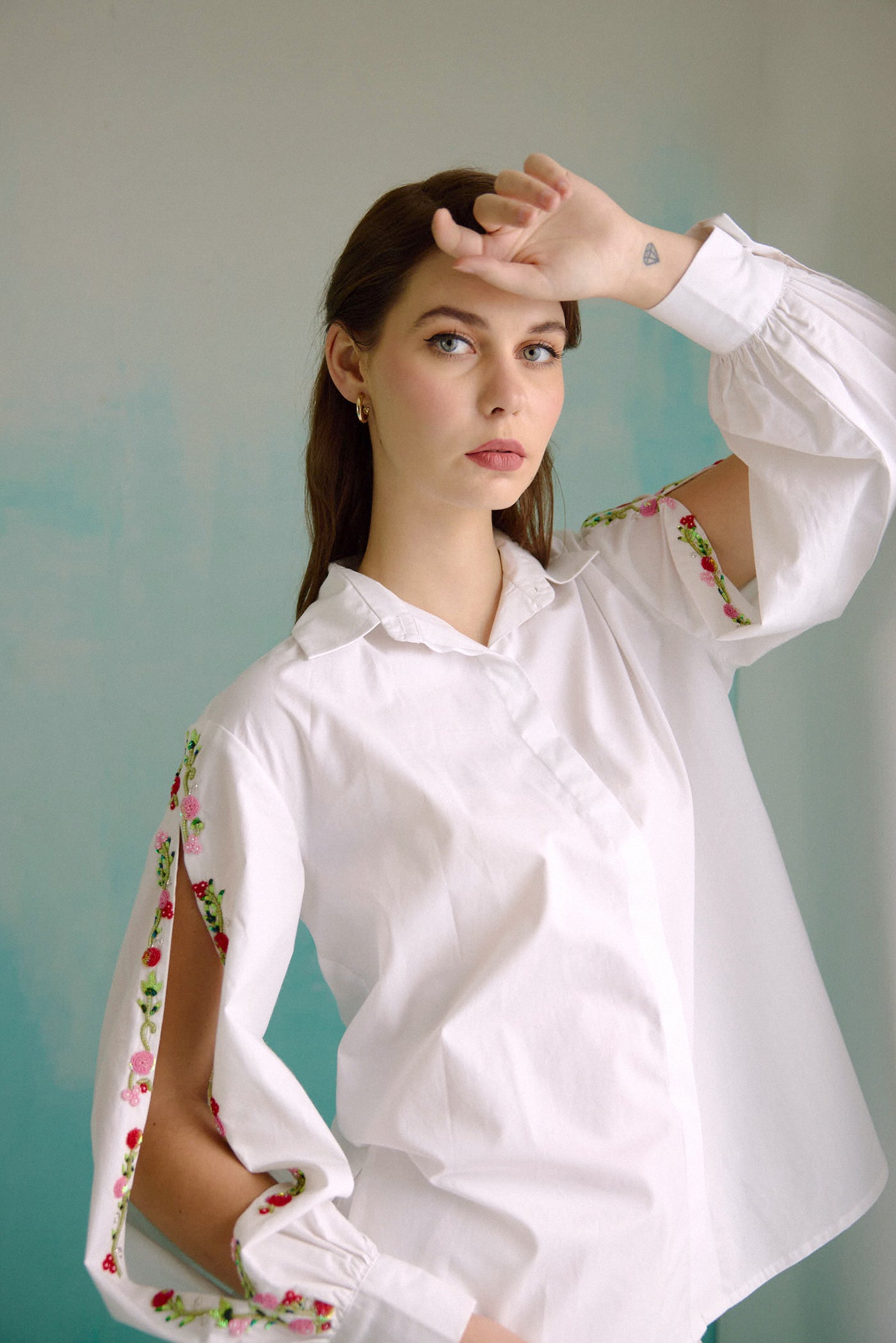 White Hand Embroidered Red Sequins Upbeat Shirt