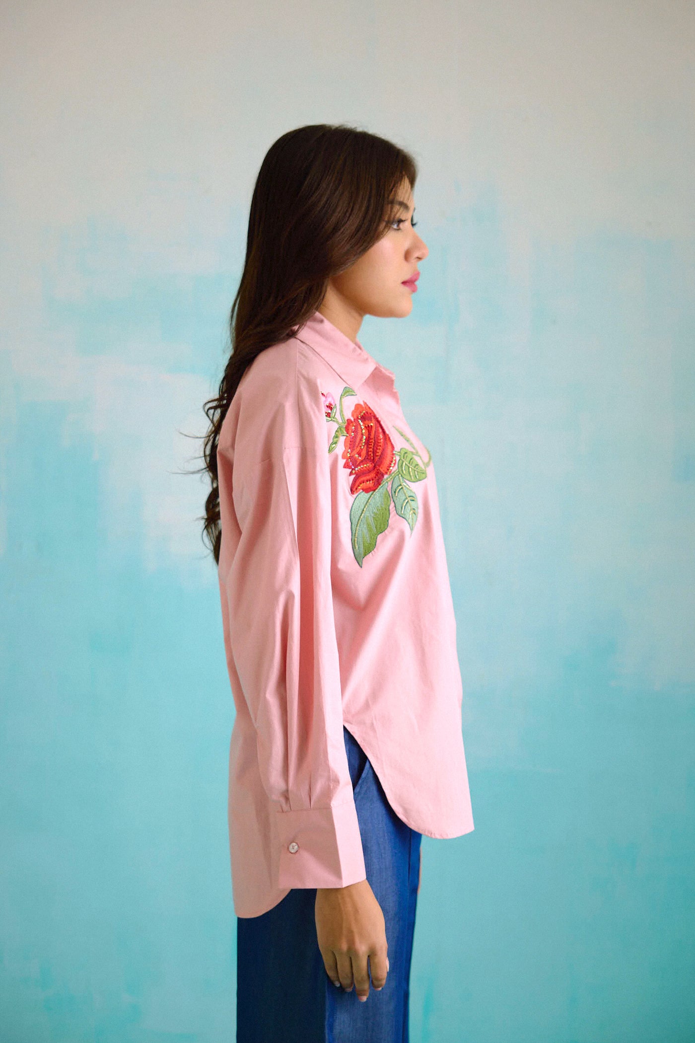 Blush Pink Oversized Embroidered Shirt