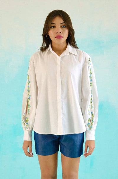 White Hand Embroidered Blue Sequins Upbeat Shirt