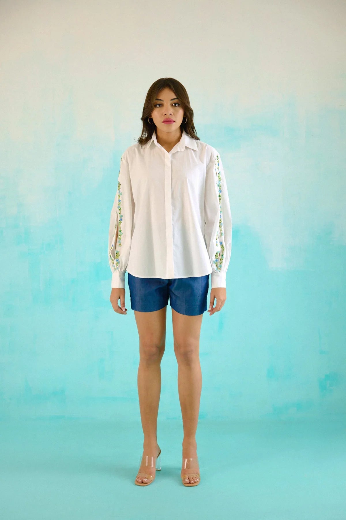 White Hand Embroidered Blue Sequins Upbeat Shirt