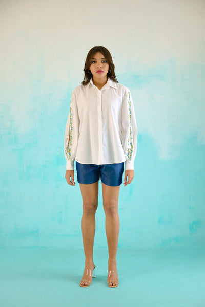 White hand embroidered blue sequins upbeat shirt