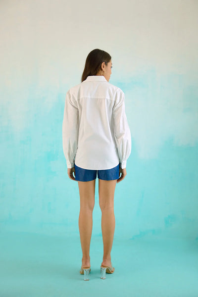 White Hand Embroidered Blue Sequins Upbeat Shirt