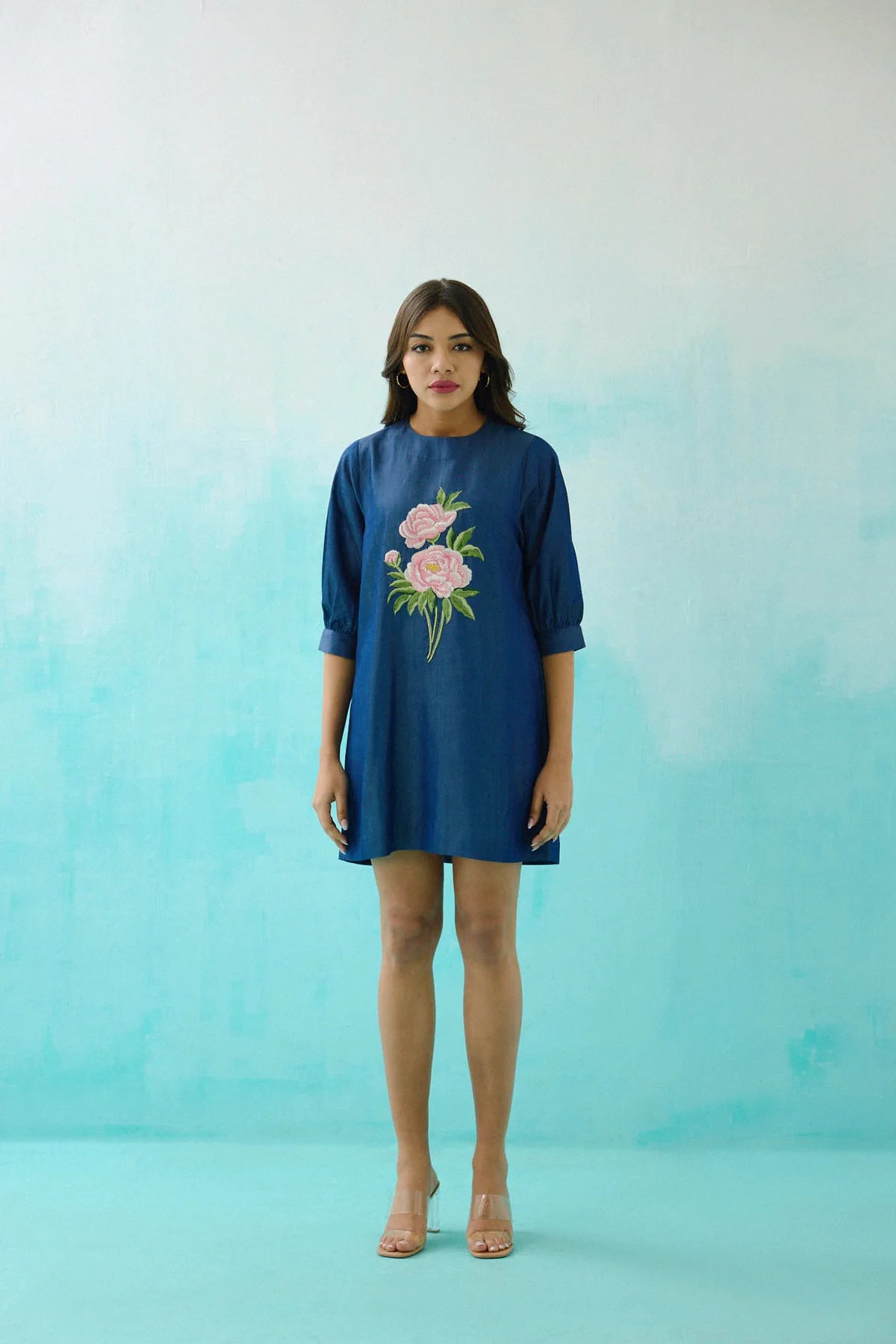 Denim Peony Embroidered Shift Dress