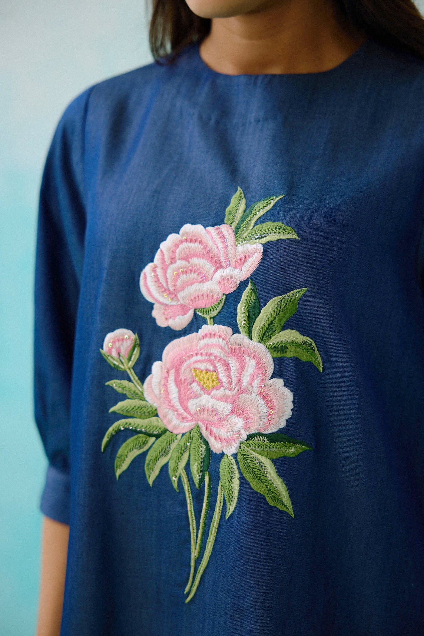 Denim Peony Shift Embroidered Dress