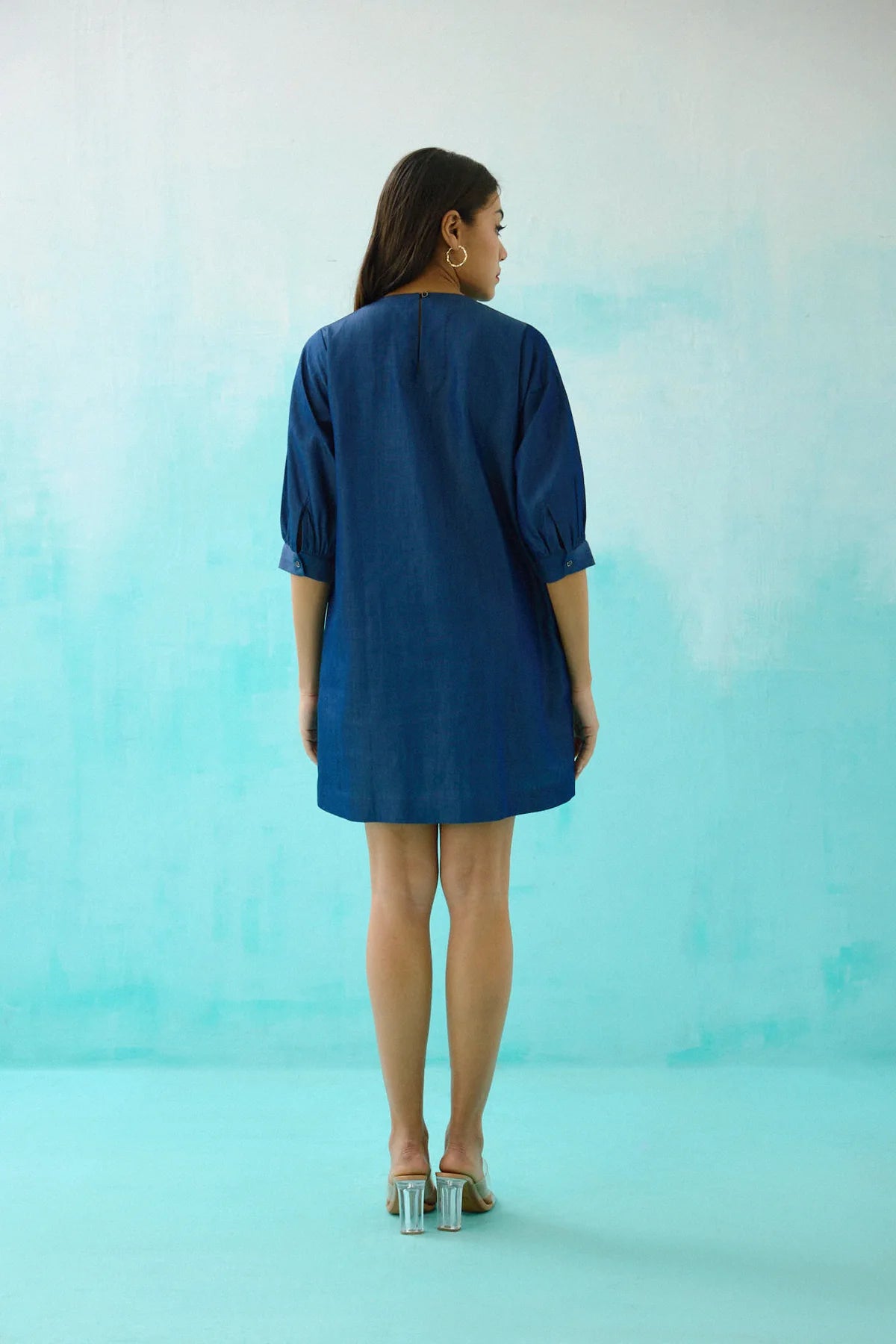 Denim Peony Embroidered Shift Dress