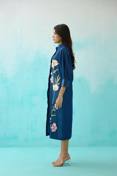 Denim Floral Embroidered Shirt Dress