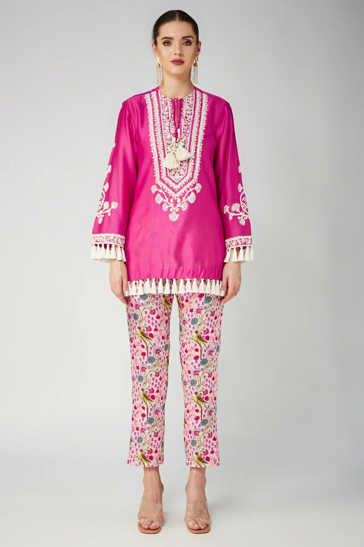Rani Pink Chanderi Silk Embroidered Kurta Shirt & Pant Set