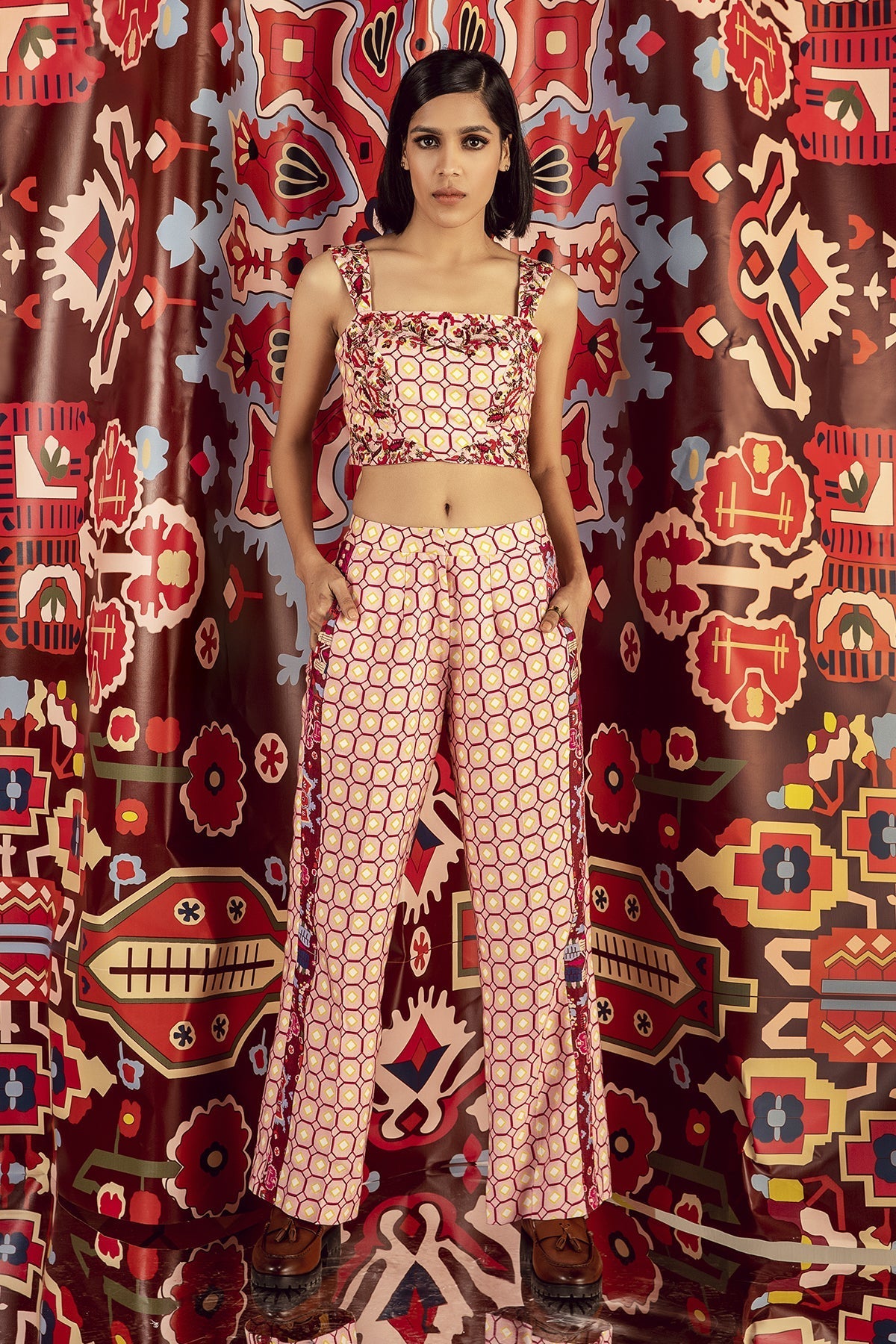 Blush Pink Mix Print Hand Embroidered Bustier, Blazer & Pants in Handloom Organic Cotton And Banana Silk, BeTrue, Be True