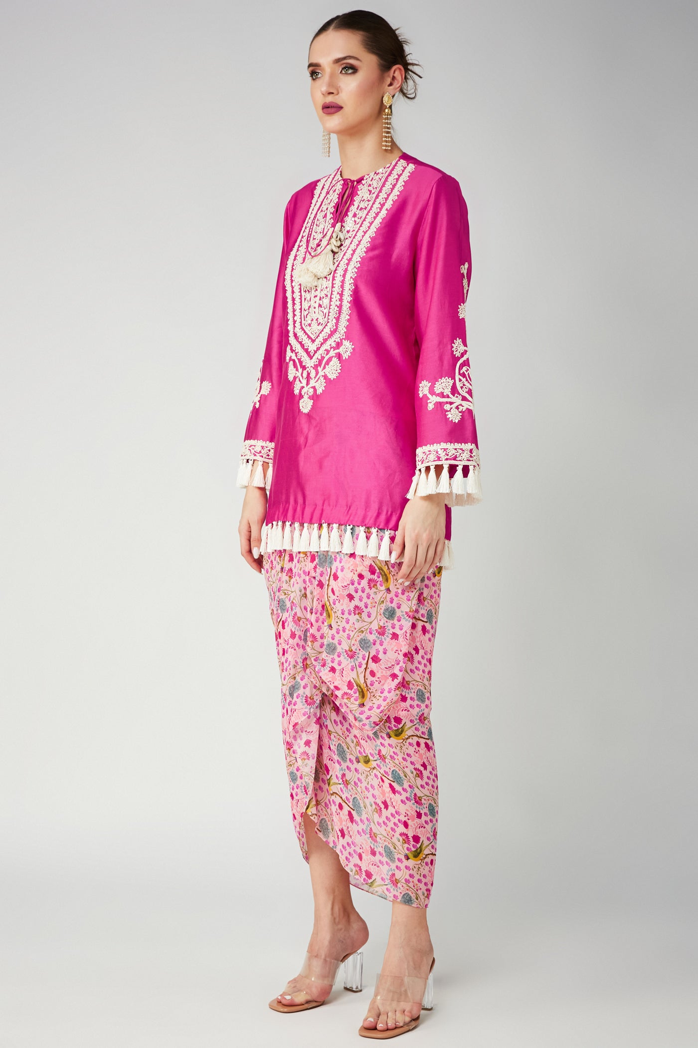 Rani pink Chanderi Silk Embroidered kurta and Pink Drape Skirt, Pink Parrot Print Georgette Drape, Skirt, Flared sleeves with tassels, Machine and Hand embroidered, Tassels details at sleeves, Pink Singnature Parrot Print, BeTrue, Be True