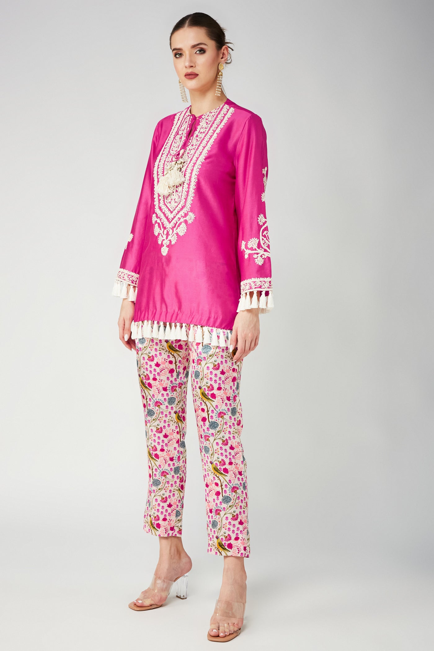 Rani pink Chanderi Silk Embroidered kurta and White Parrot Pant, White Parrot Mashroo Cotton Satin Narrow Pants, Flared sleeves with tassels, Machine and Hand embroidered, BeTrue, Be True