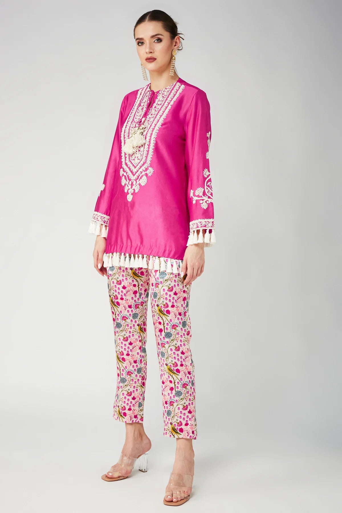 Rani Pink Chanderi Silk Embroidered Kurta Shirt & Pant Set