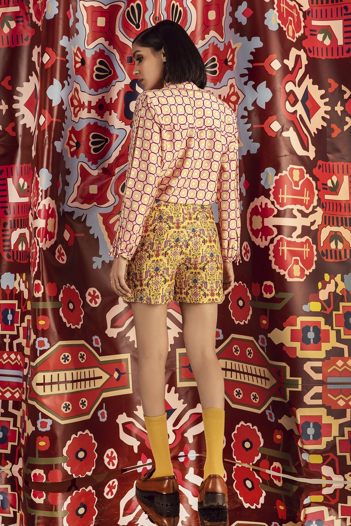 Tabriz yellow fitted blush pink shirt, print shorts and fringe jacket in organic cotton silk, BeTrue, Be True