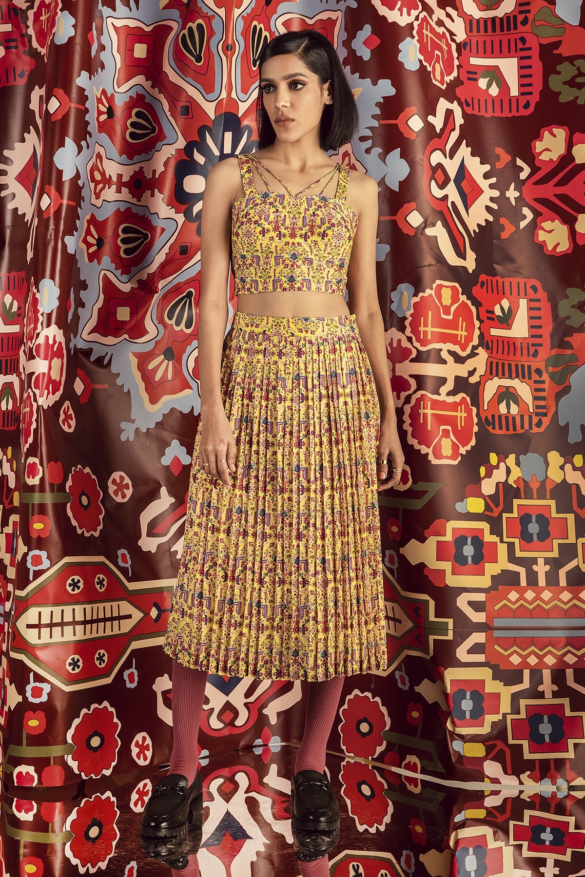 Tabriz Yellow Pleated Midi Skirt in Handloom Organic Cotton Silk, BeTrue, Be True