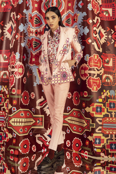 Blush Pink Embroidered Blazer & Pants in Handloom Organic Cotton Silk, BeTrue, Be True