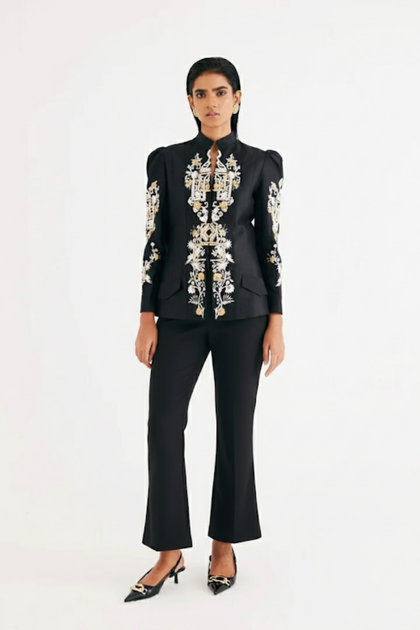 Black Silk Chanderi Embroidered Temple Jacket and Flared Pant Set