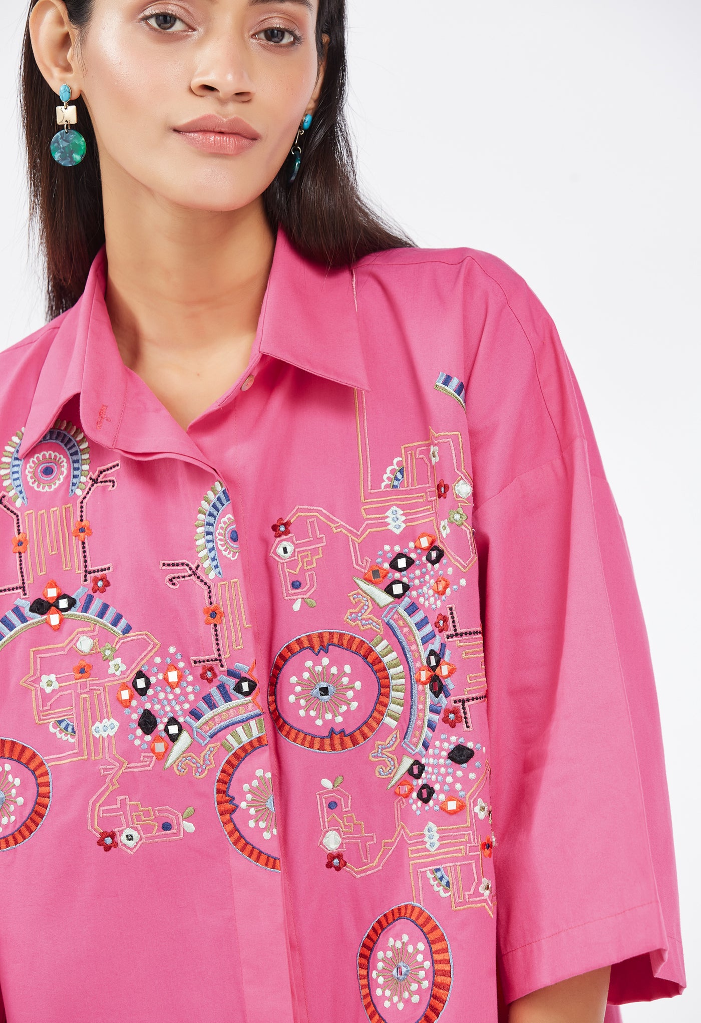 Pink Multi Colour Embroidered Shirt