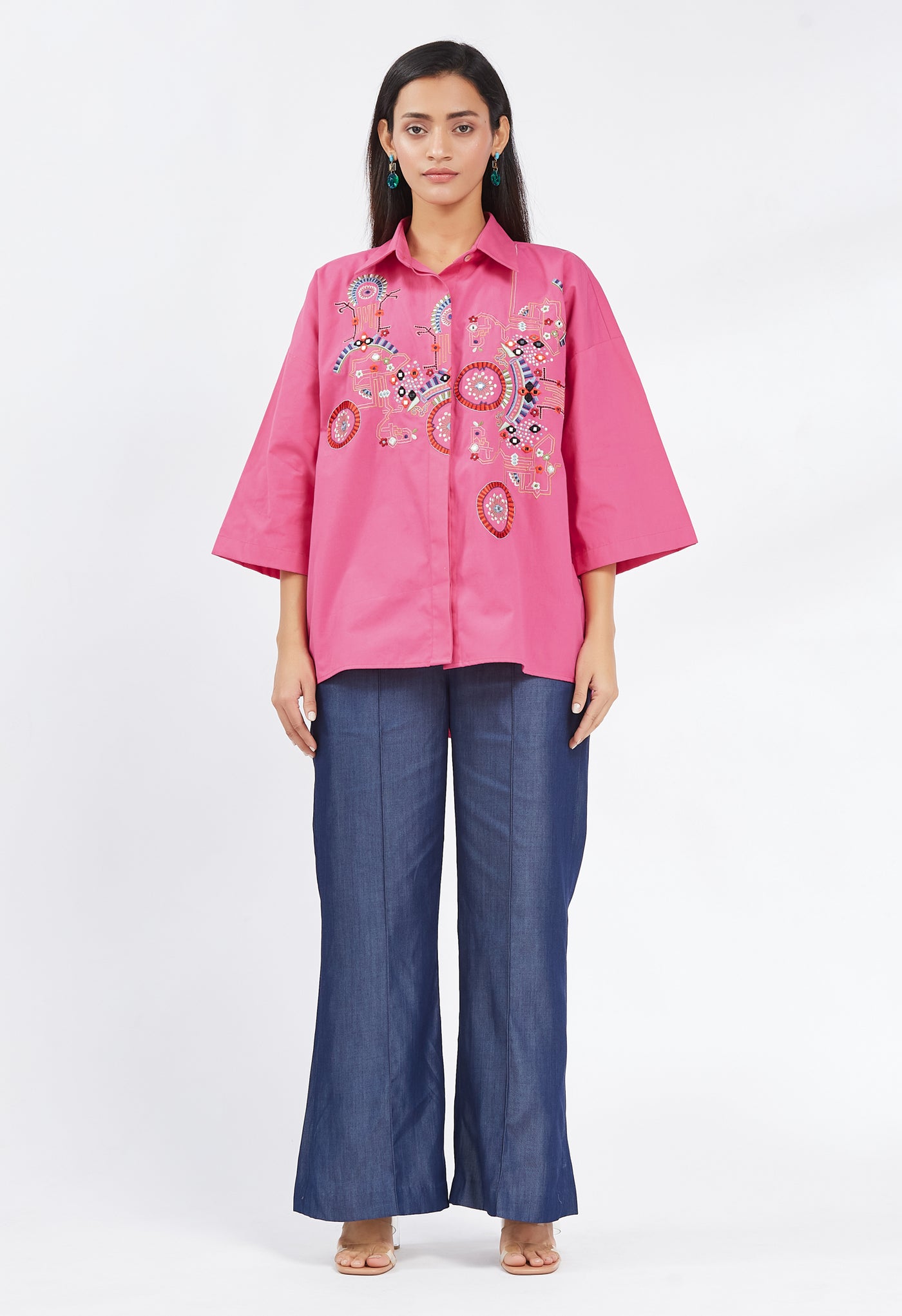 Pink Multi Colour Embroidered Shirt