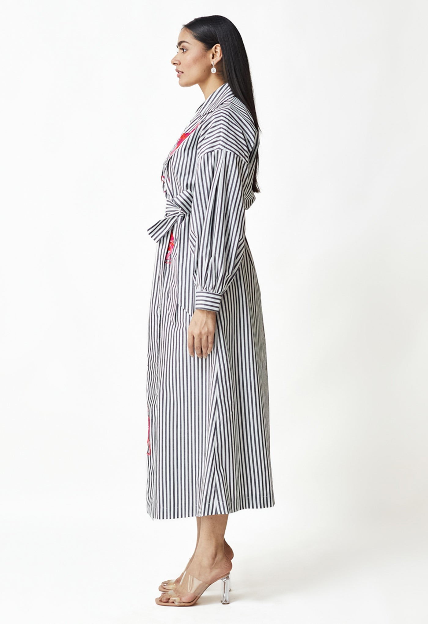White & Black Stripe Embroidered Jacket Dress