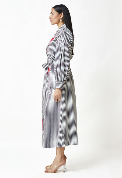 White & Black Stripe Embroidered Jacket Dress