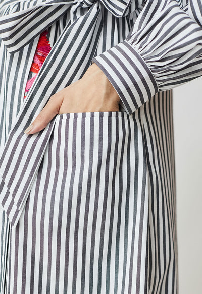 White & Black Stripe Embroidered Jacket Dress