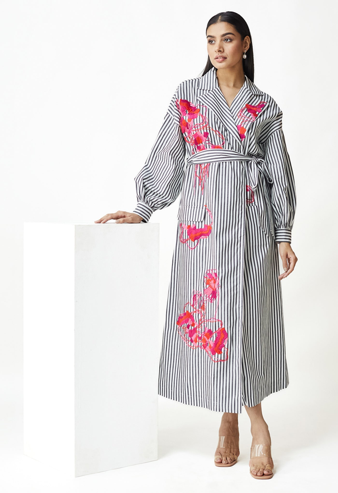 White & Black Stripe Embroidered Jacket Dress