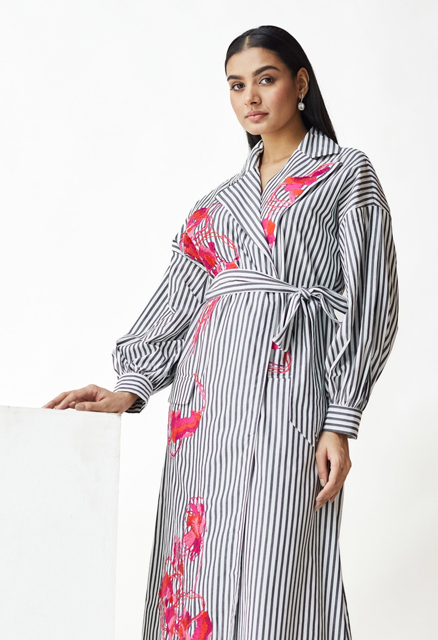 White & Black Stripe Embroidered Jacket Dress