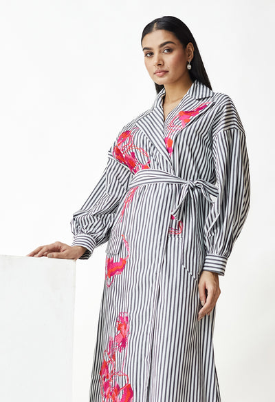 White & Black Stripe Embroidered Jacket Dress