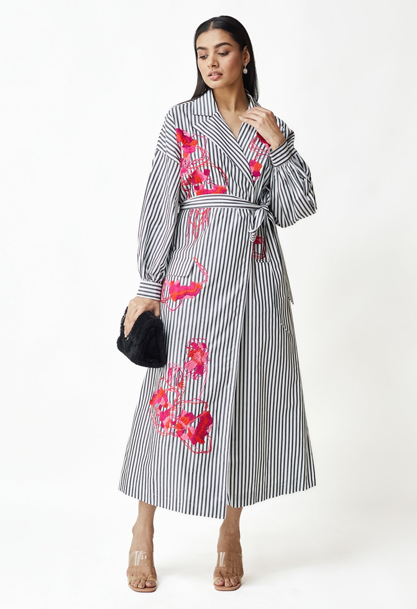 White & Black Stripe Embroidered Jacket Dress