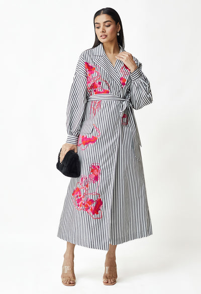 White & Black Stripe Embroidered Jacket Dress